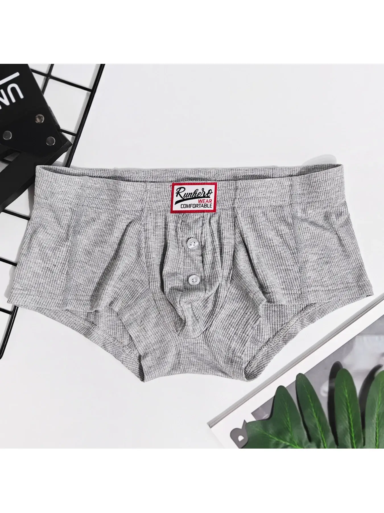 Men's Flat Underwear, Made of Synthetic Viscose, High Elasticity, Raised, Button Decoration, Comfortable Slim Fit Solid Color