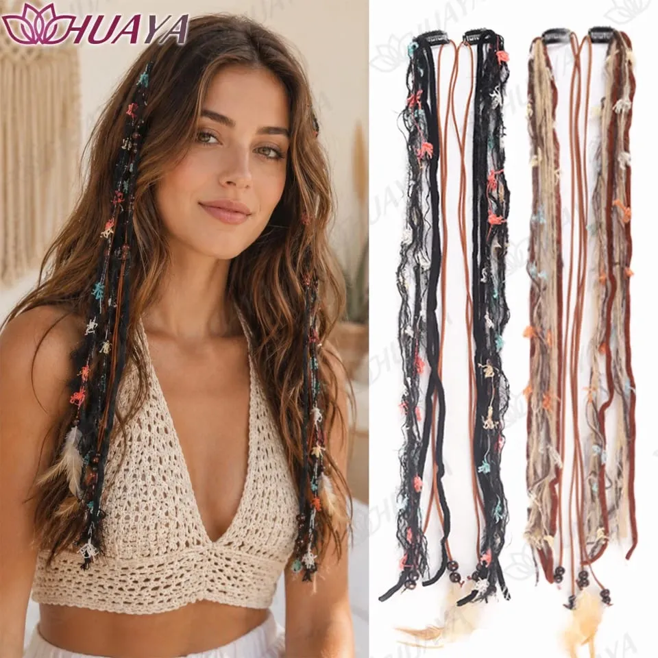 Boho Clip In Synthetic Fiber Hair Extensions Feather Beads Yarn Braids Hair Accessories Festival Hair Pieces for Women — image 3