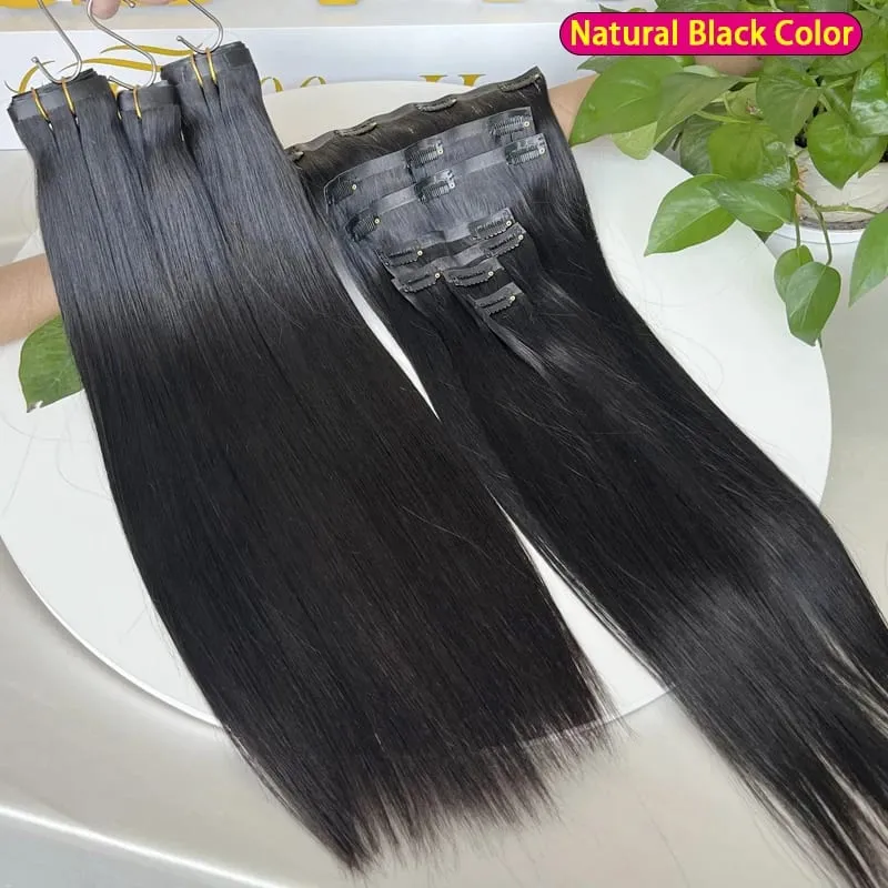 7Pcs Invisible Seamless PU Clip in Human Hair Extension Tape Weft Clip in Extensions For Thick Raw Hair 100G Clip on Hair
