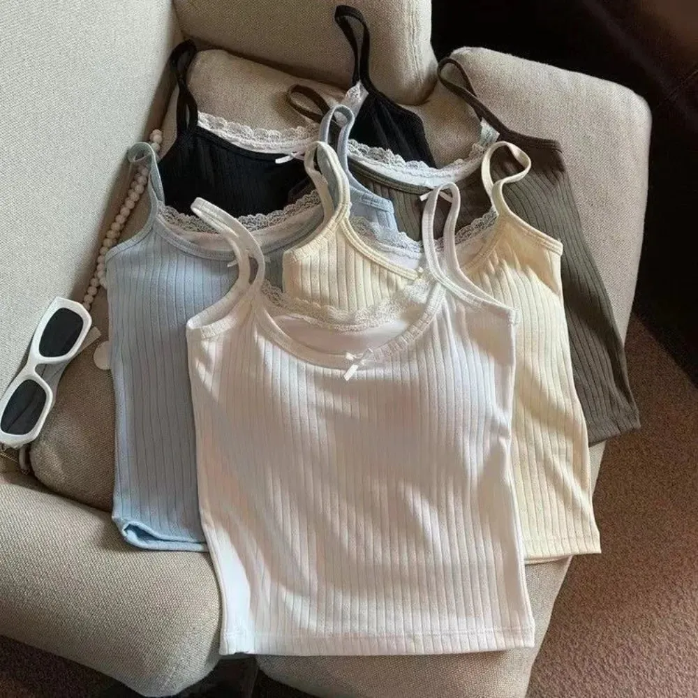 Cute Ribbed Knit Lace Cami Top Spaghetti Straps Bow Accent Ribbed Camisole Solid Color Slim Fit Bralette Top Inner Layer — image 6