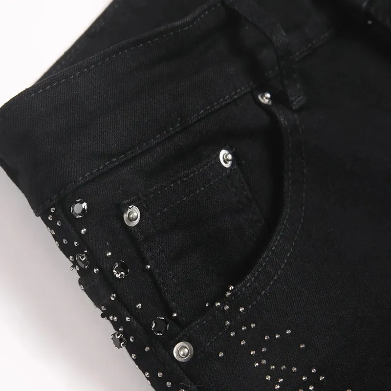 Men's Flared Denim Jeans Punk Crystal Rivet Stretch Black Cotton Spandex Pants Slim Boot Cut Trousers