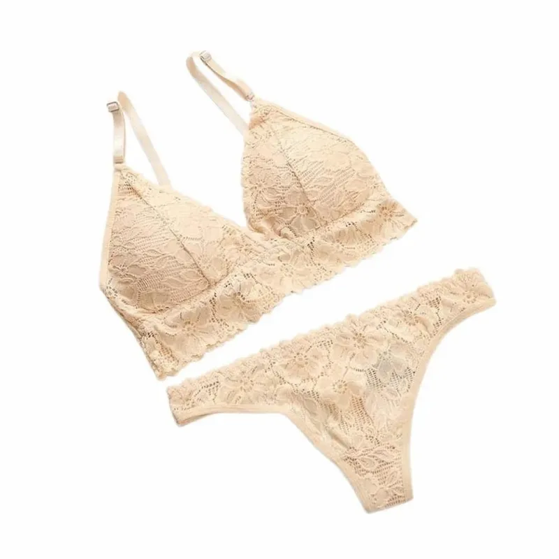 V Neck Lace Flower Bra Set Thong Solid Color Floral Panties Bra Kit Low Waist Lingerie Lace Underwear Valentine's Day Gift