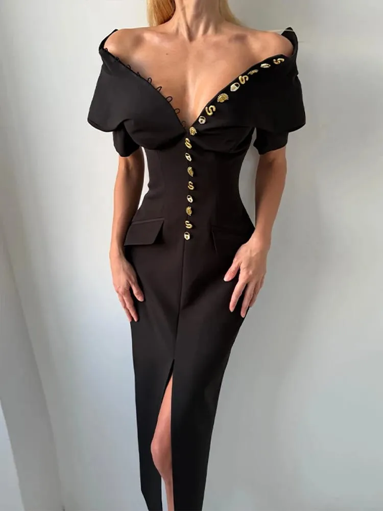 Elegante frauen Kleid V-ausschnitt Kurzarm Einreiher Solide Weibliche Lange Kleider 2026 Sommer Mode Sexy Neue Chic Dame Robe — image 3