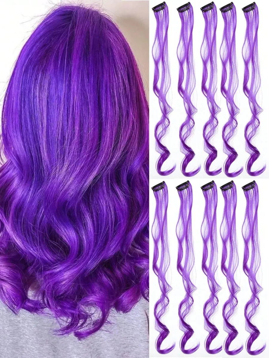 10pcs Colorful Hair Extensions Curly One Clip in Synthetic Long Hairpiece For Girls Women Multi-colors Party Highlights WigPiece