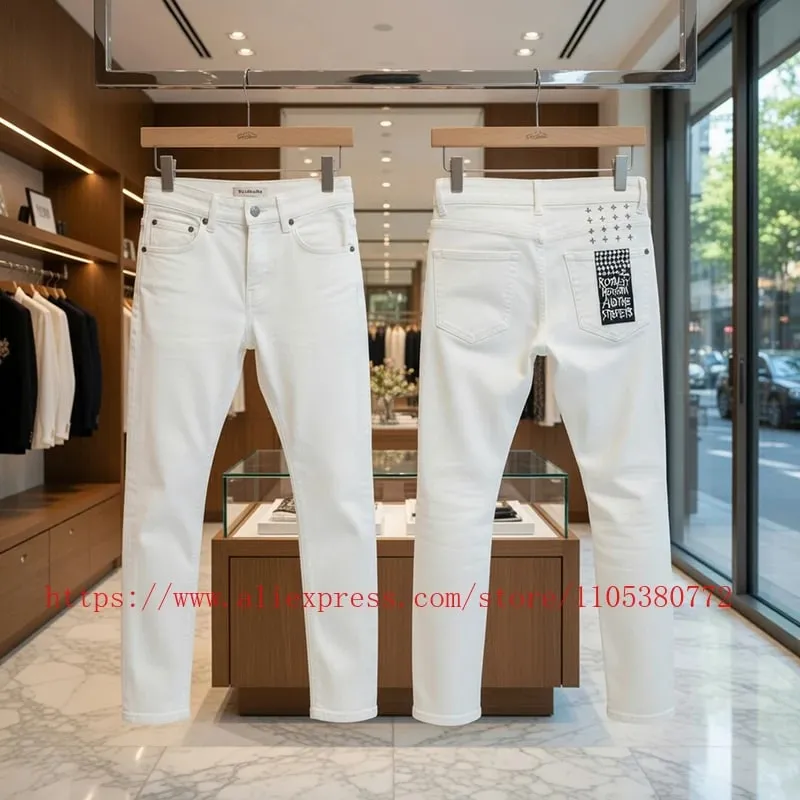 2026 New Arriva Men's Premium White Skinny Jeans Clean Fit Denim Pants High Street Fashion Trousers — image 2