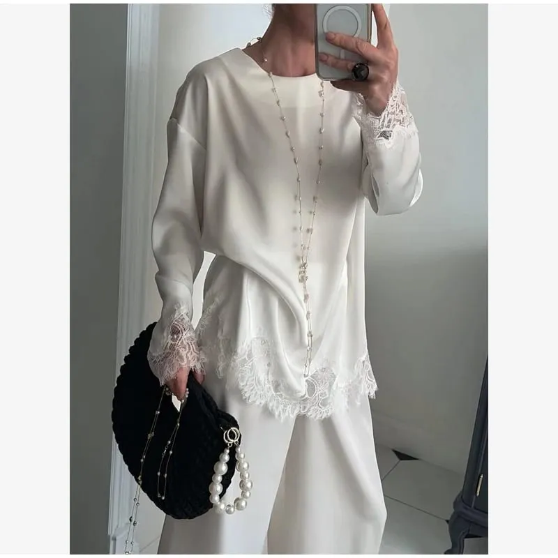 Women Light Blue Lace Satin Round Neck Dress Elegant Side Tie Long Sleeve Soft Short Gown 2026 Daily Vacation Party Sundress — image 6