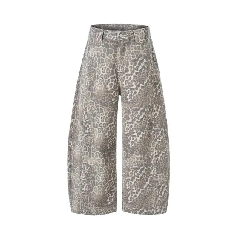 2026 New Vintage Distressed Leopard Printed Y2K Jeans Men's High Street Baggy Curved Denim Pants Hip Hop Fashion Punk Jean