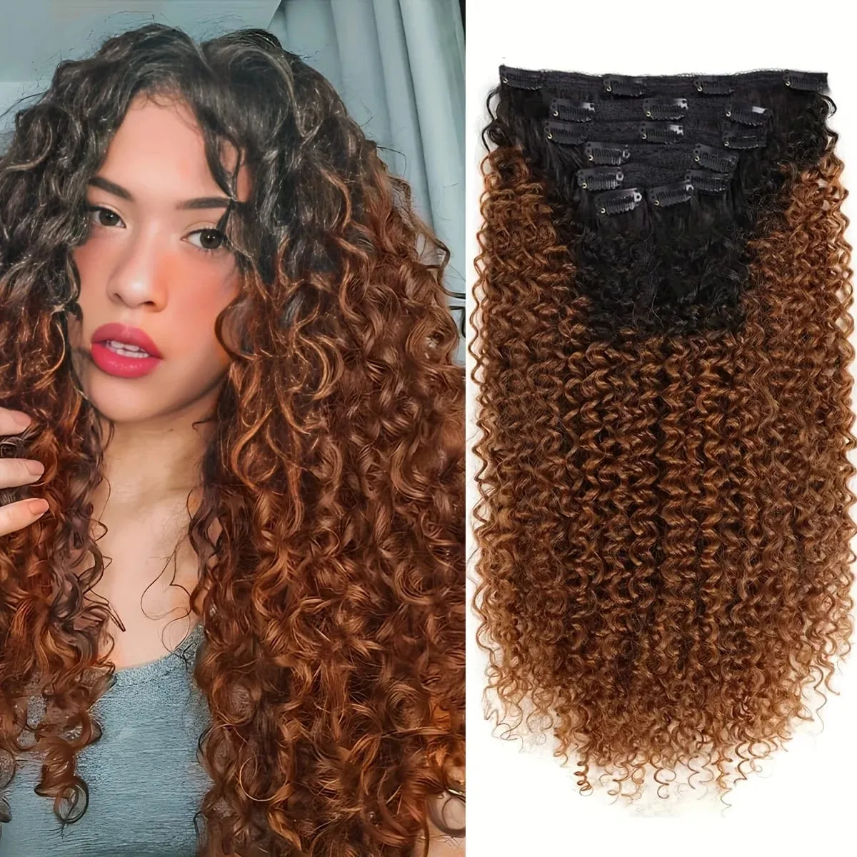 Synthetic Curly Clip in Hair Extensions Kinky Curly Hairpieces Clip on Full Head Fake Pieces Black Brown Hair for Women