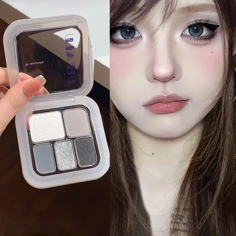 5 Colors Metallic Cement Gray Eyeshadow Palette Glitter Pearlescent Punk Smoky Eye Highlighter Matte White Face Brightening — image 4