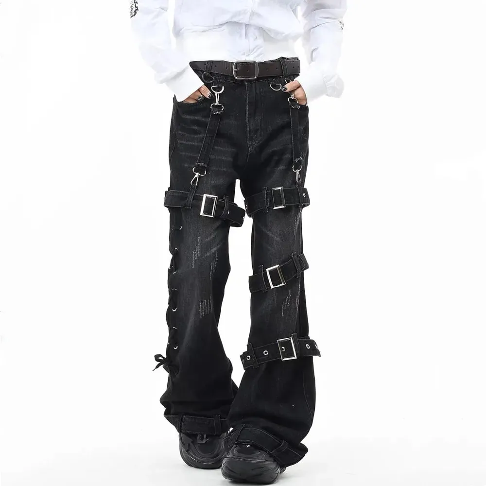 Gothic Punk Multi Buckle Strap Slim Fit Black Jeans Man Woman Ripped Vintage Techwear Bootcut Jeans — image 3