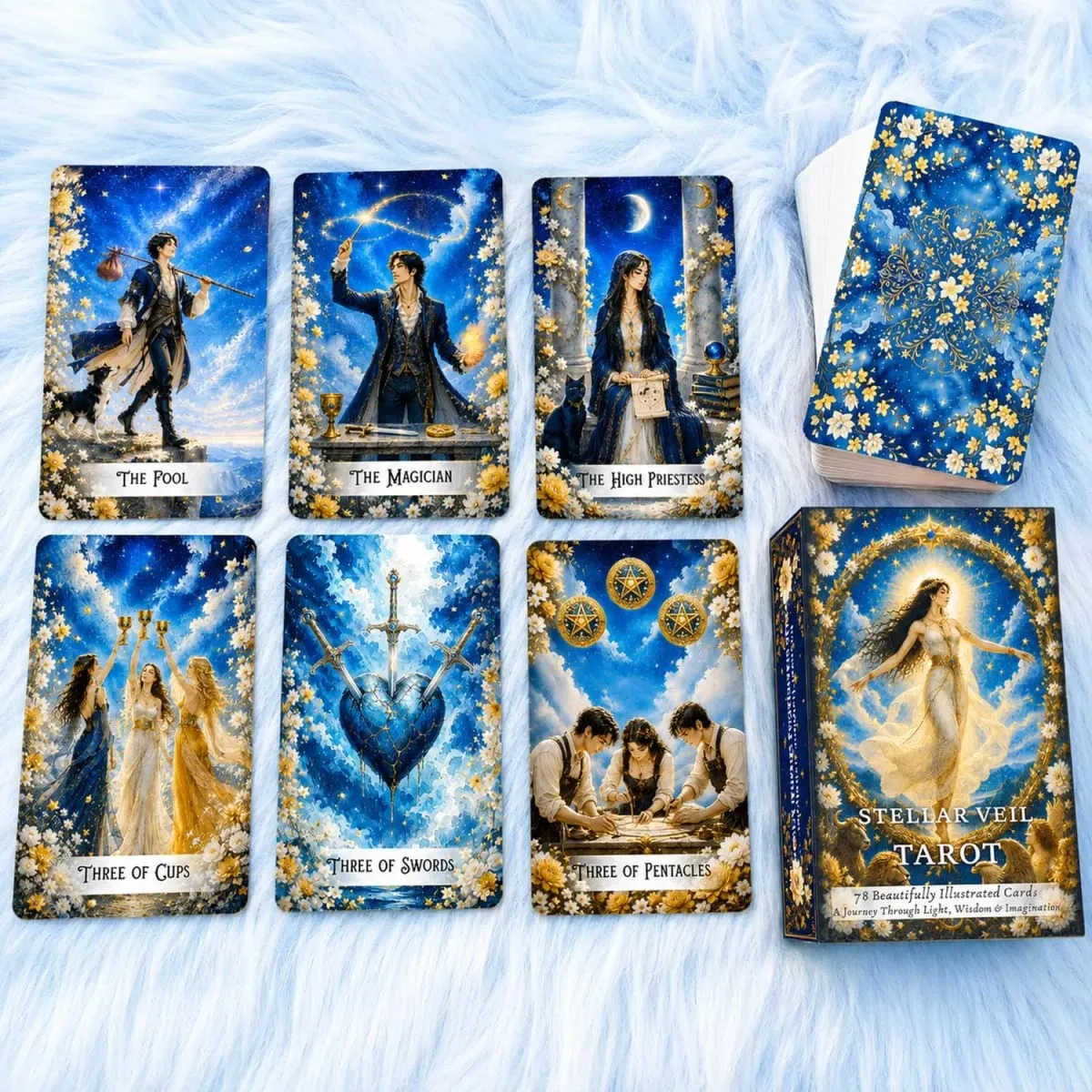 78 ไพ่ทาโรต์ 13x8 ซม. Stellar Veil Tarot Deck กระดาษคู่มือการออกแบบสัญลักษณ์ที่ไม่ซ้ำกัน Tarot Experience การ์ดเกม