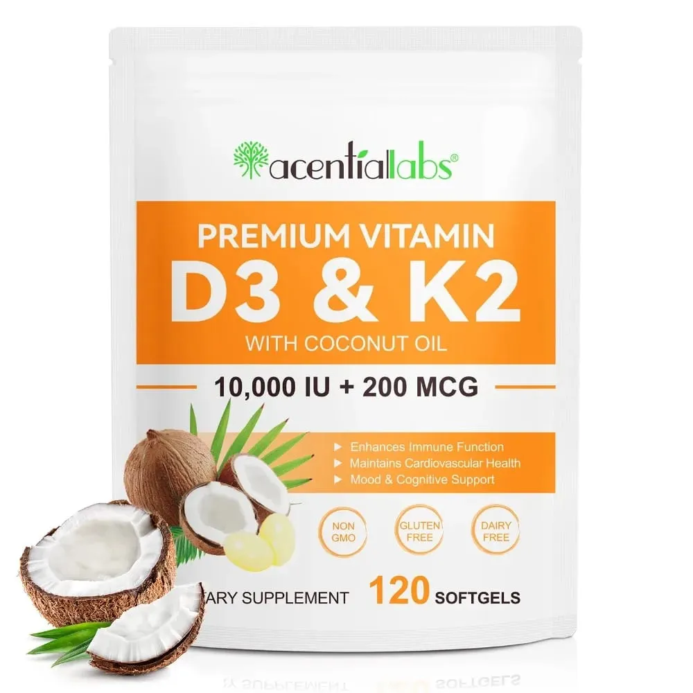 Acentiallabs Premium Vitamin D3 K2 Softgels Ergänzungen Kokosnussöl Vitamin D3 AK2 Weichkapseln zur Immununterstützung für Erwachsene