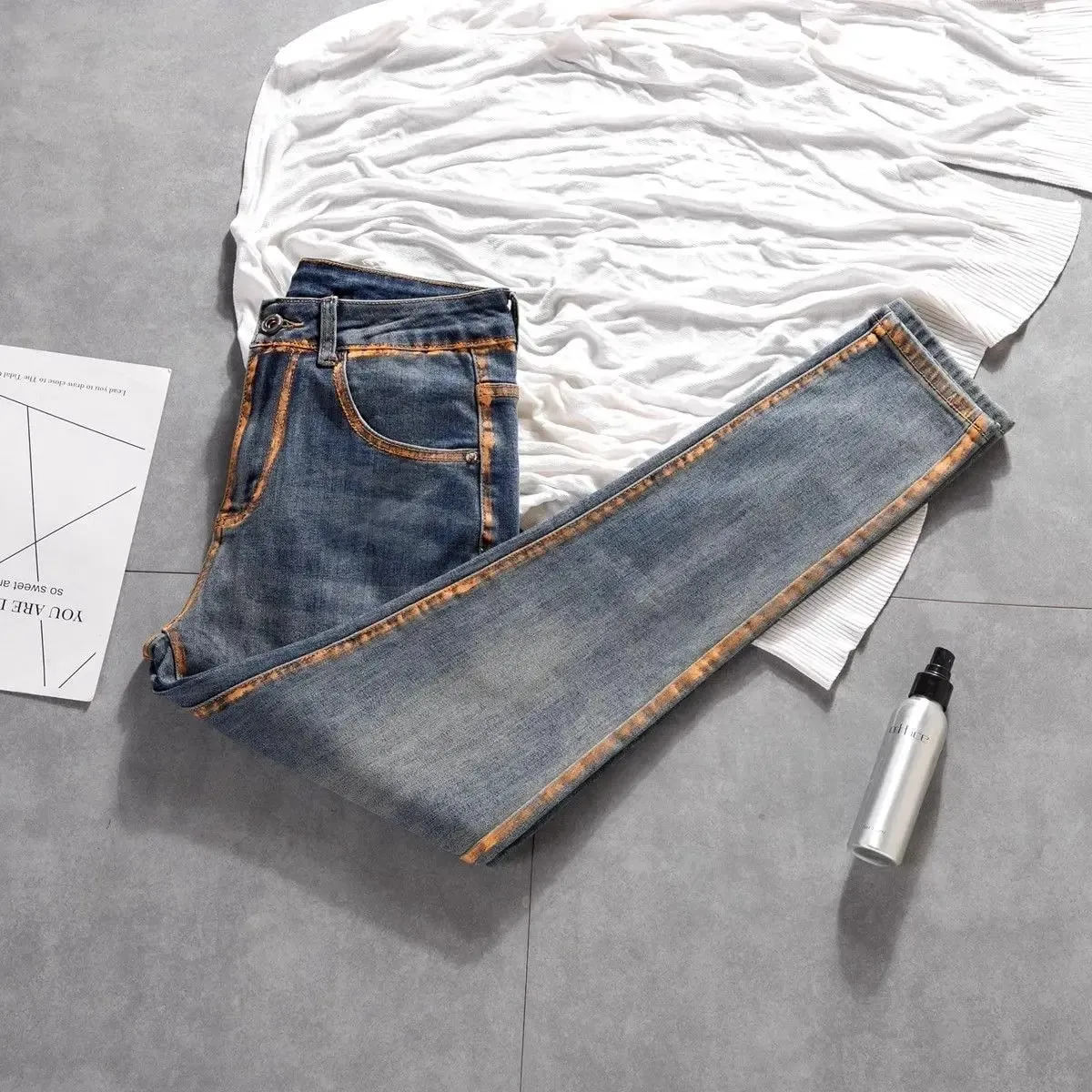 New Trousers Design Small Feet Elastic Slim Jeans High-end Casual Pants New Korean Work Original Paint Printing Trousers Man — image 4