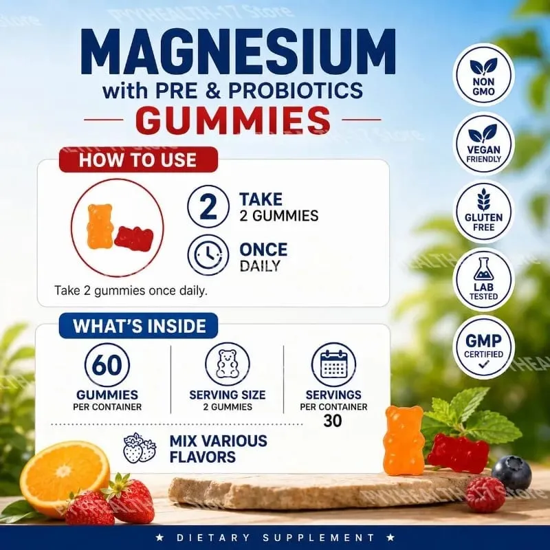 Docteat Magnesium Gummies with Pre & Probiotics for Stress Relief Supports Restful Sleep Relaxation and Recovery 60 Gummies