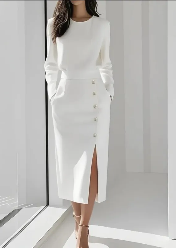 Women Long Sleeve Round Neck Button Front High Slit Midi Dress Elegant Office Lady Bodycon Sheath Pencil Skirt Set — image 4
