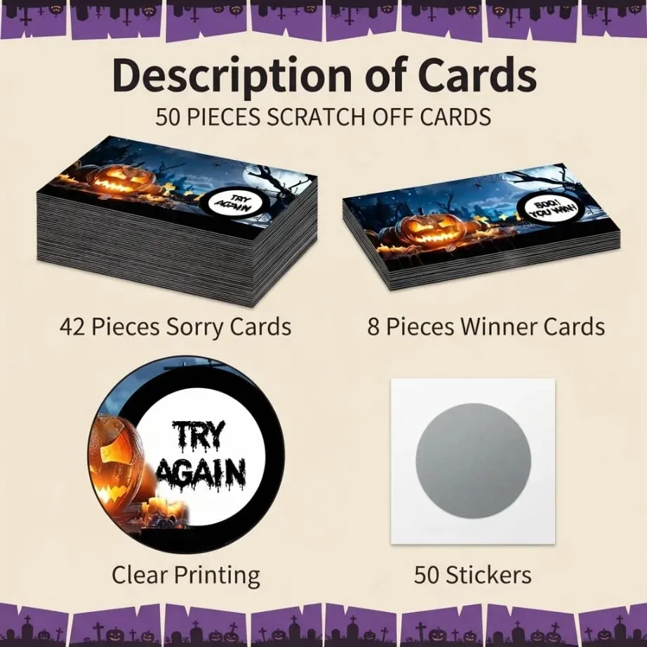 50pcs Halloween scratch-off cards—scratch to win and unlock prizes; perfect for Halloween-themed interactive activities. — image 6