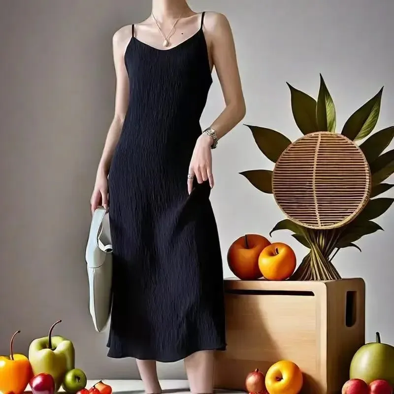 Original Black White Chiba Pleated Suspender Fashion Slimming Dress Women's Casual All-Match Loose Drooping Dress — image 3