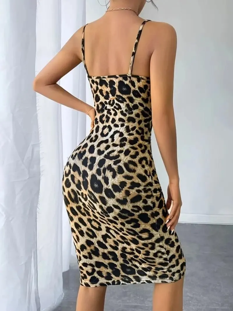 Retro Leopard Print Slim Fit V-Neck Suspender Dress Hip Hugging Mid-Length Spicy Girl Fashion Retro Animal Print Dresses — image 5