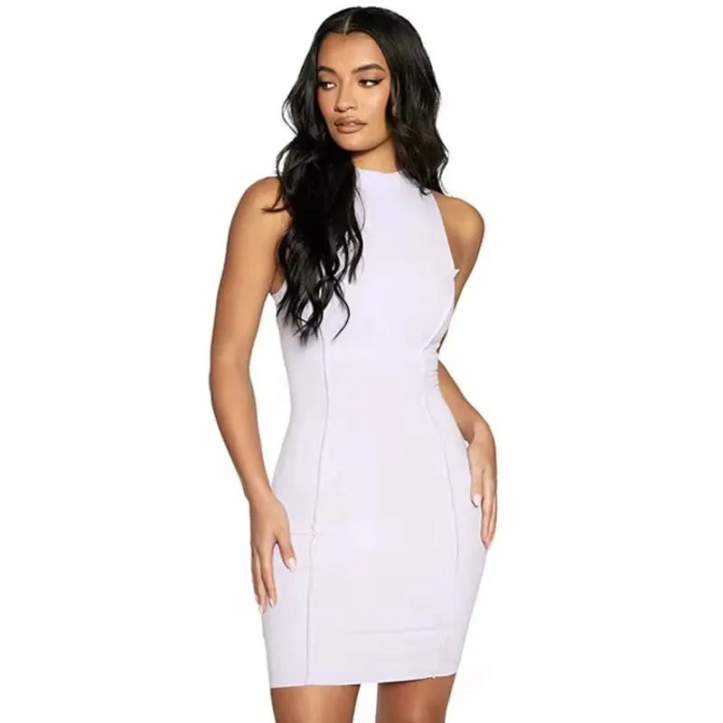 Ženy Léto Sexy Úzké zavinovací bokové šaty Pevné patchworkové minišaty s výstřihem do O bez rukávů INS Fashion High Street Pouzdro Vestido