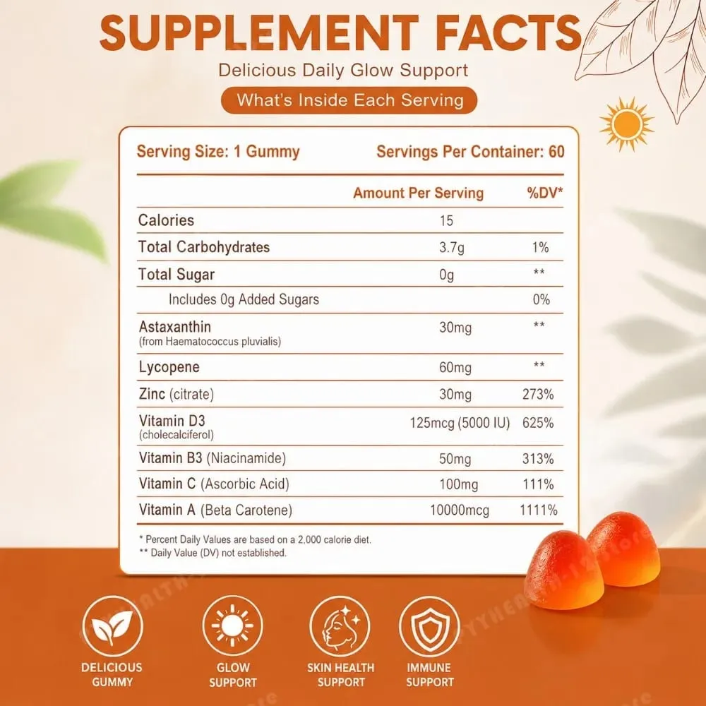 Tanning Gummies for Women Sunless Bronzing Glow Support Vegan Sugar-Free Non-GMO Astaxanthin & Lycopene 60 Count — image 6