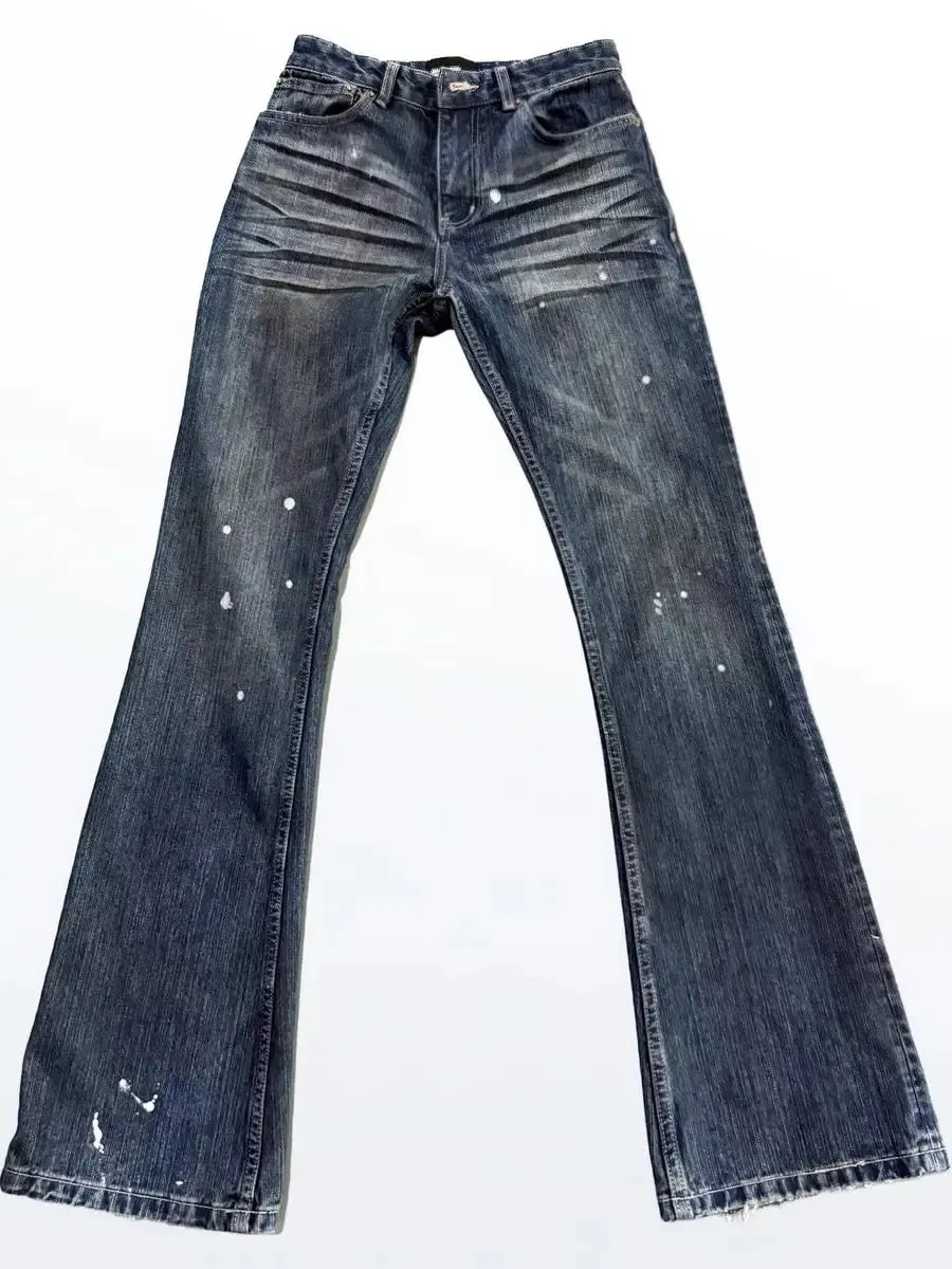 Cleanfit Style Heavyweight Bootcut Men's Jeans Faded Dyeing Slim Fit Distressed Long Trousers Casual Fashion