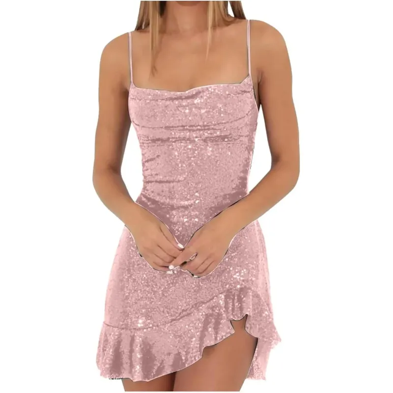 Sexy Pailletten-Damenkleider, einfarbig, rückenfrei, Spaghettiträger, ärmellos, Club-Party-Kleider, Damenkleid mit unregelmäßigem Rüschensaum