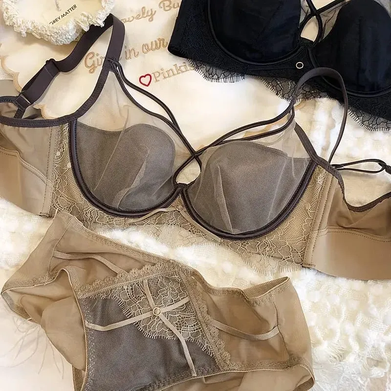 Sexy Hollow Bra Briefs Set Women Lace High Quality Underwear Thin Cup Adjustment Type Push Up Bras Mesh Lingerie Sets — image 7