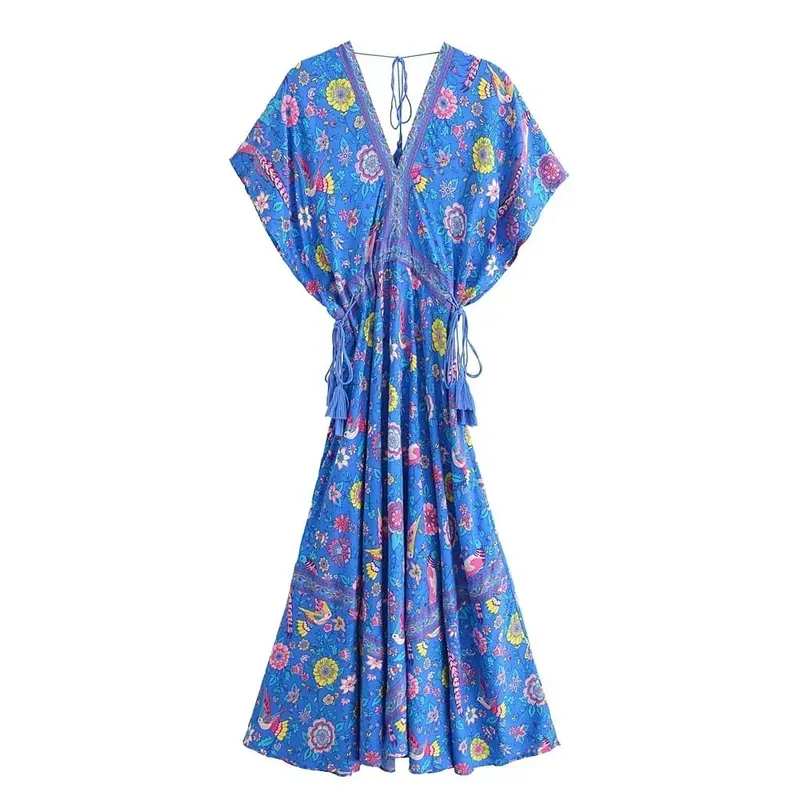 Boho Queens femmes paon imprimé fleuri manches chauve-souris plage bohème Maxi robes dames col en V gland robe d'été robes — image 8