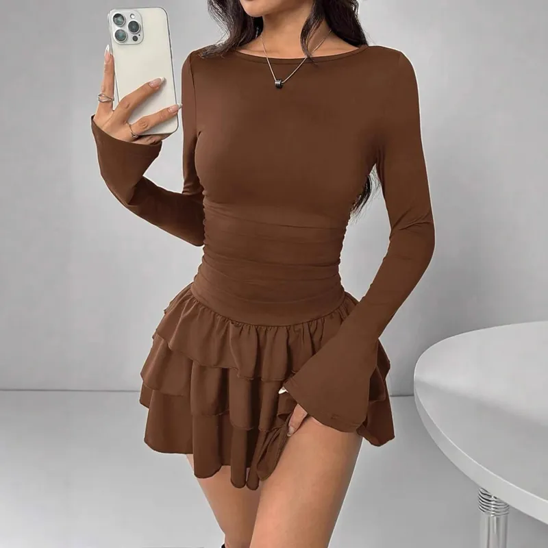 Autumn Winter Solid Color Slim Fit Cascading Ruffles Mini Dress Women Elegant Flare Sleeve High Waist Sexy Party Bodycon Dresses — image 9