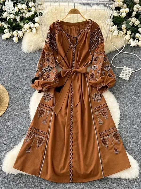 Boêmio retro estilo étnico vestido feminino nova primavera outono bordado rendas até lanterna mangas cintura cinching vestido longo a155