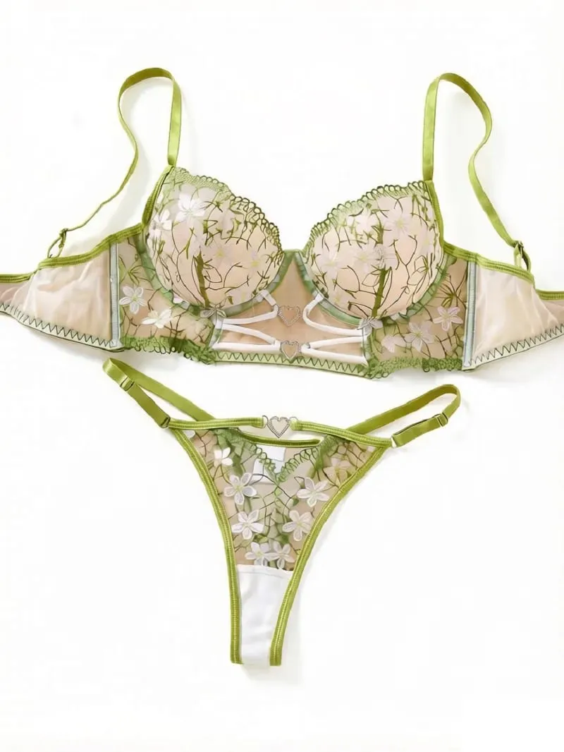 Women Green Daisy Floral Embroidery Lingerie Set Sheer Mesh Heart Metal Buckle Underwire Bra & Thong 2‑Piece Intimate Underwear — image 1