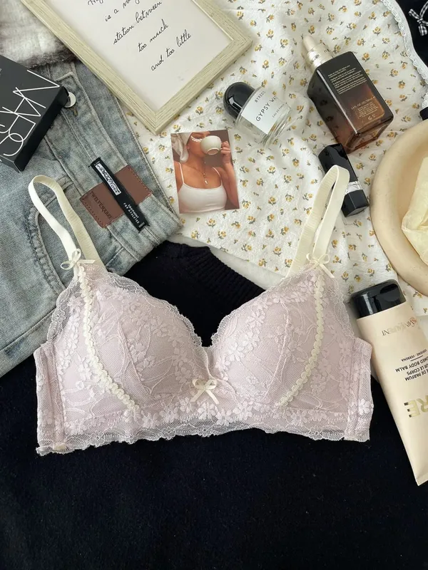 Lace lingerie for women wireless push-up bra for small breasts enhances cleavage & lifts side support to gather underarm fat — image 2