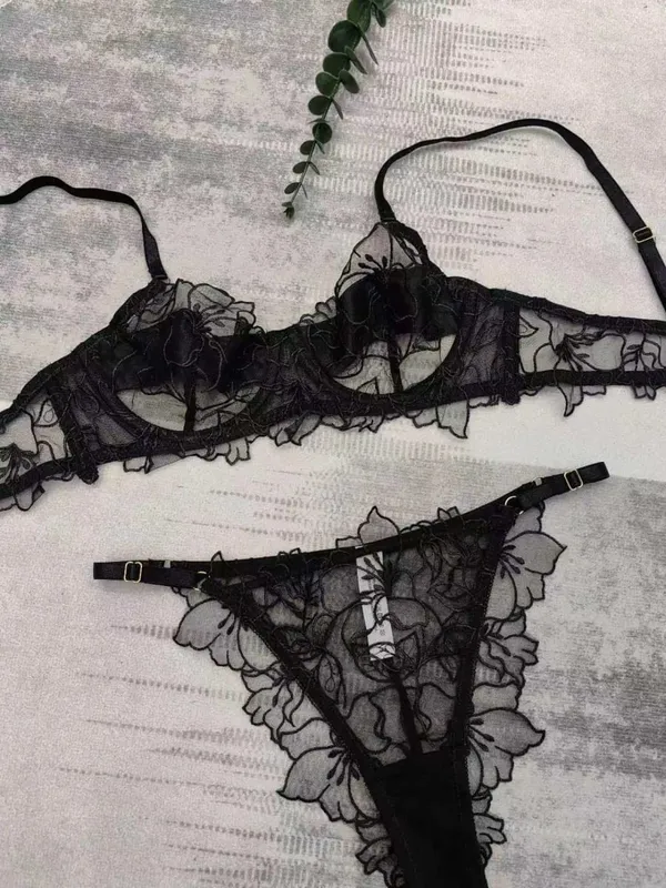 French Embroidered Lace Lingerie Set Large Bust Small Look Bra Wire Free Anti Sagging Top Sheer Bras for Women S-XL 32-38AB — image 8