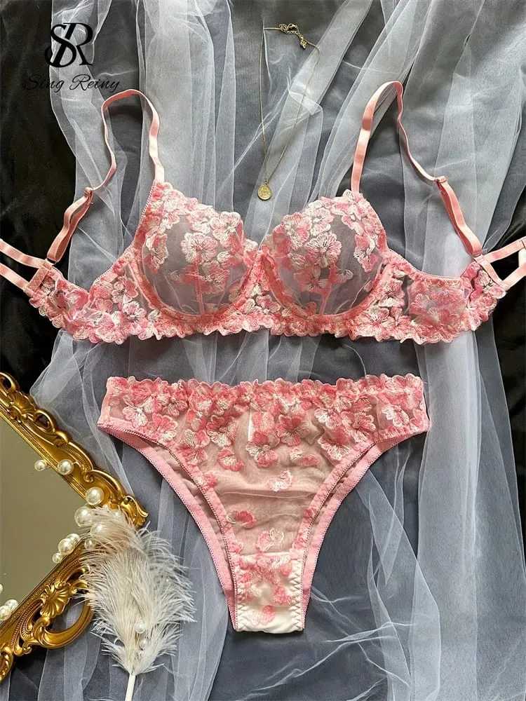 Lingerie velata a rete Abiti a due pezzi Set di biancheria intima floreale francese seducente Set di reggiseno e slip sexy con ricamo da donna — image 2