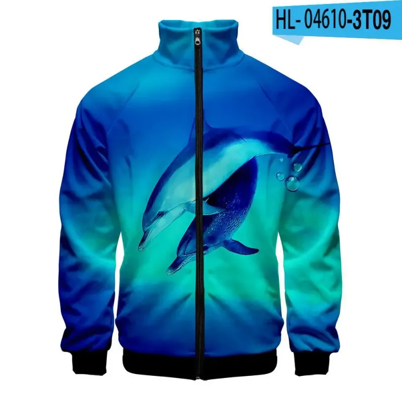 Harajuku Popular Novelty dolphin 3D Print Zipper Raglan Jacket Windbreaker Boys/Girls Comfortable Stand Collar Jackets Coats