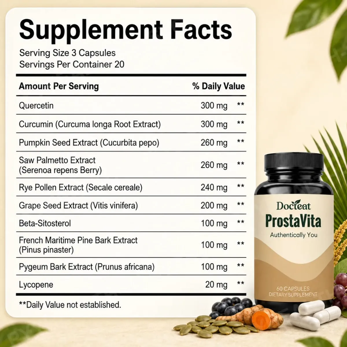 Docteat ProstaVita Men's Prostate Health Capsules with Beta-Sitosterol Saw Palmetto Pumpkin Seed and Lycopene 60 Count — image 2