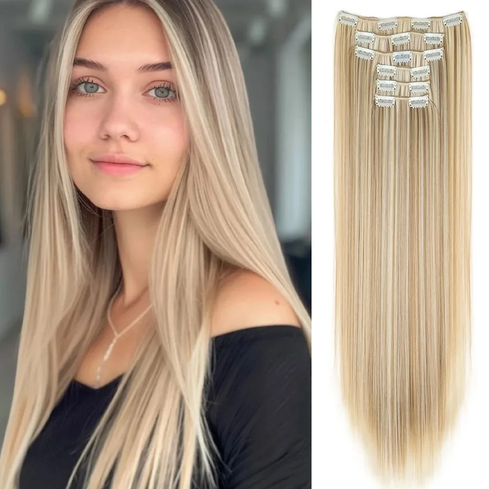 Black Hair Extensions 24"/60cm 6pcs/set Women Long Straight Synthetic Full Head Clip 16 Clips Ombre Heat Resistant Fiber Hair