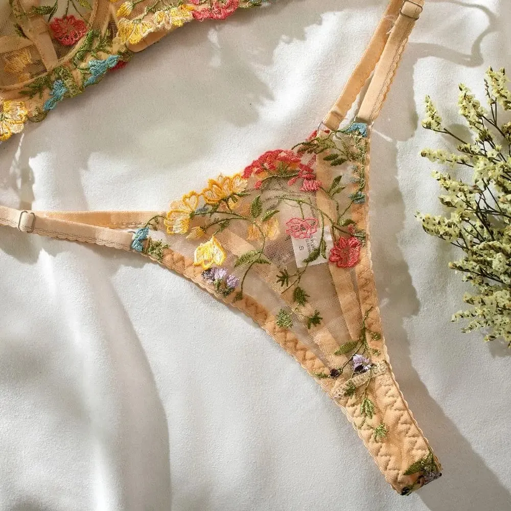 Dwuczęściowy, uniwersalny komplet bielizny w kwiaty, haftowany przezroczysty biustonosz w stylu boho, komplet majtek Intimates — image 4