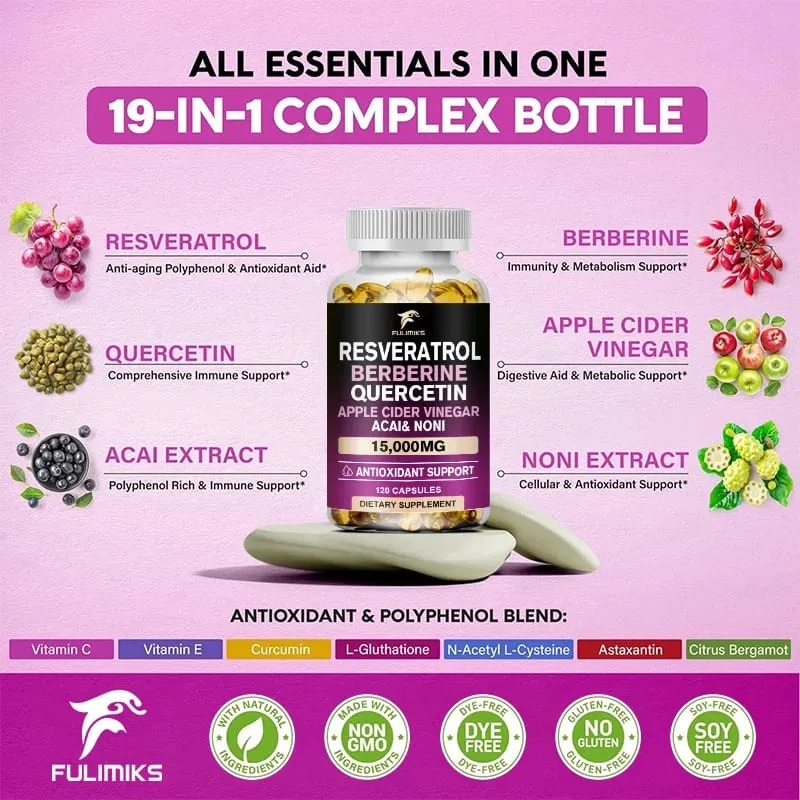 Buy 2 Get 2 Free! Resveratrol Berberine Quercetin Capsules Triple-Action Formula for Blood Sugar Heart Health & Anti-Aging — image 3