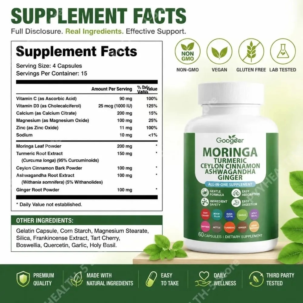Googeer Moringa Turmeric Capsules All-in-one for Joint Health Support with Ashwagandha Ginger and Ceylon Cinnamon 60 Capsules — image 2