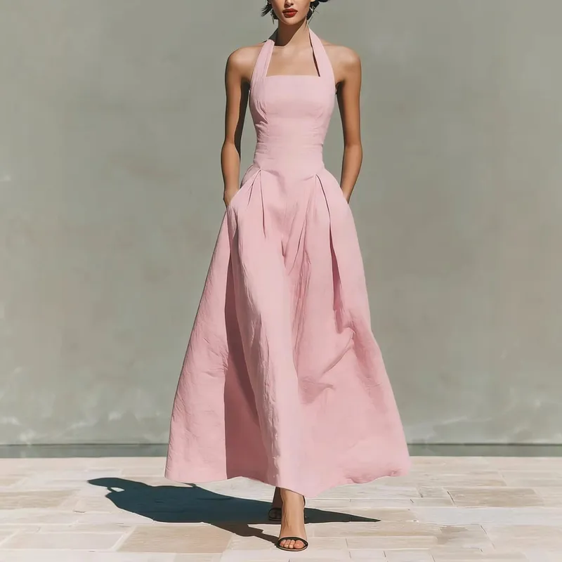 2026 Women's Spring and Summer Neck-Hanging Linen-Style Leisure Fashion Fitting Pocket Dresses — image 6