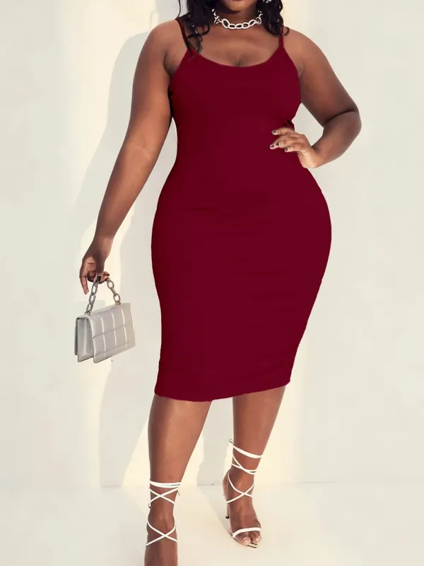 Plain Solid Low Scoop Neck Mid-Length Silhouette Wide Color Range Plus Size Knit Spaghetti Strap Maxi Dress Skin Friendly Comfort Modern Fashion Casual All Season Daily Wear Sleeveless Dress For Curvy Females — image 5