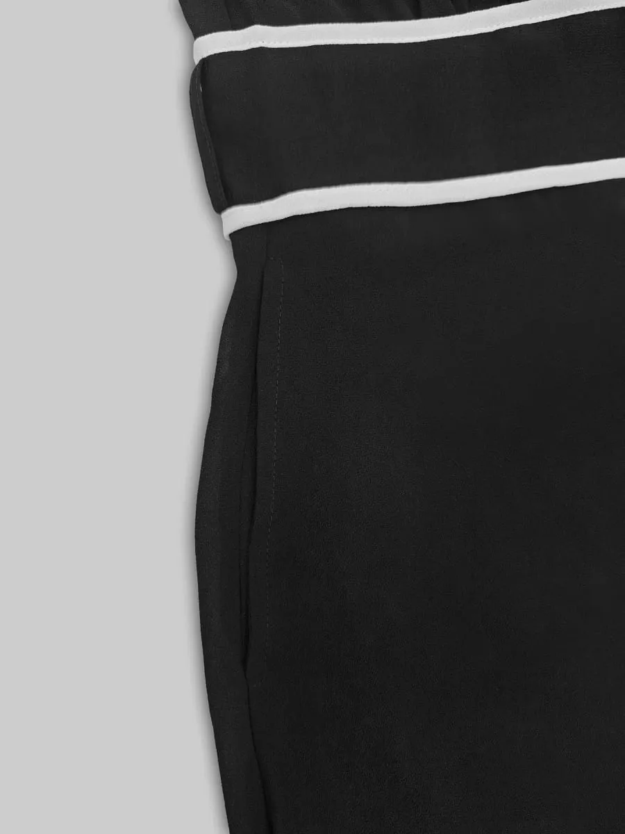 French Elegant Chiffon Maxi Dress High Neck Long Sleeve with White Piping Trim Ideal for Office Business Banquets & Parties — image 6
