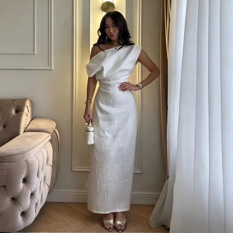 Elegant One Shoulder Asymmetric Pleated Long Dress Chic Solid Color Slanted Collar Slim Cinched Slit Cotton Linen Blend Dresses — image 4