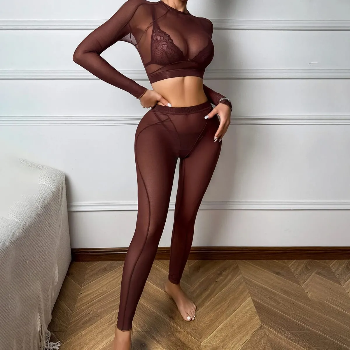 Comfortable backless long sleeved transparent mesh shaping sexy lace triangle cup lingerie split set — image 5
