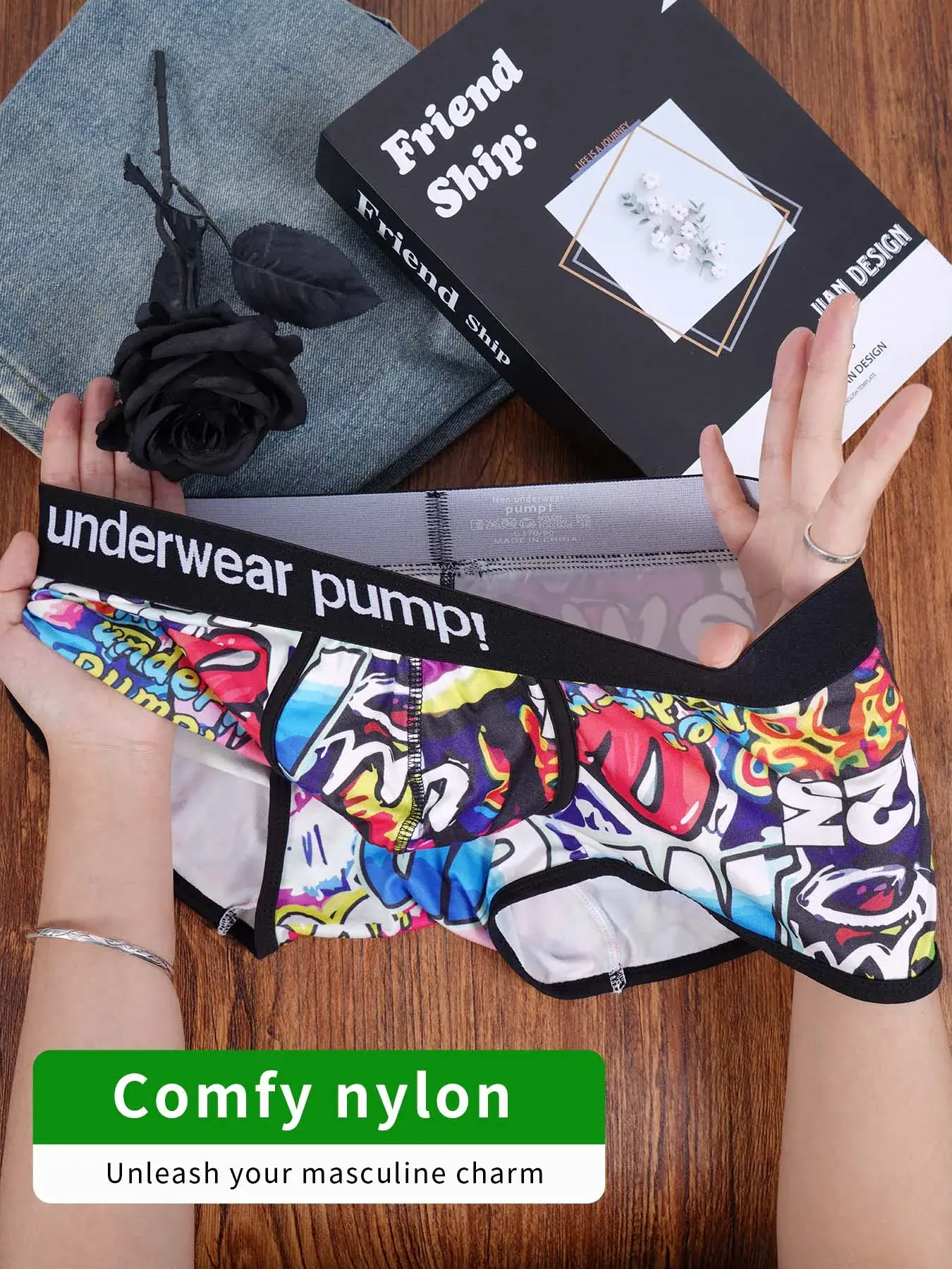 1 adet erkek pamuk naylon karışımı Boxer külot her yerinde Graffiti baskı geniş elastik kemer sıkı olmayan moda spor iç çamaşırı — image 2