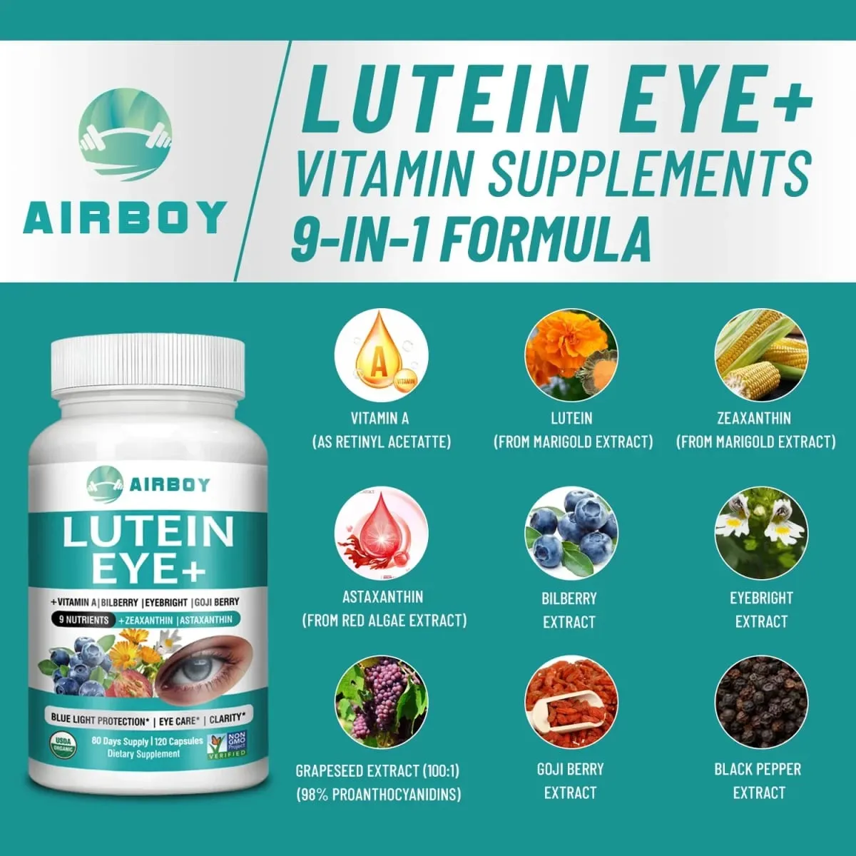 Integratore per occhi con luteina - Migliora l'edema oculare e migliora la salute della vista Allevia l'affaticamento degli occhi Astaxantina Vitamina A Mirtillo — image 6