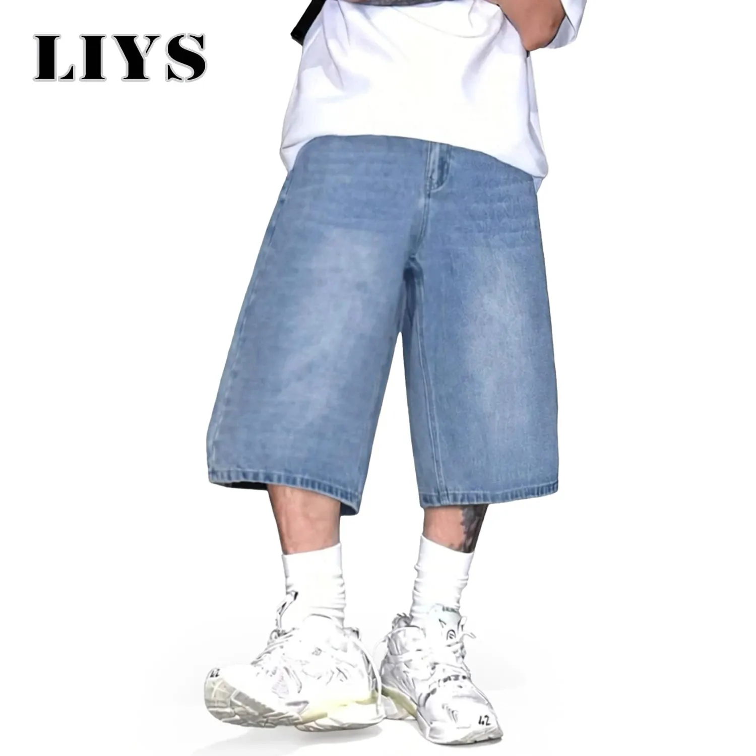 Men's Simple Light Blue Retro Ultra Baggy Wide-Leg Denim Shorts Student Youth Street Casual Oversized Baggy Jeans Unisex