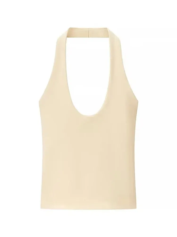 2025 Summer New Women's Solid Color Series Halter Collar Slim Backless Basic All-match Top