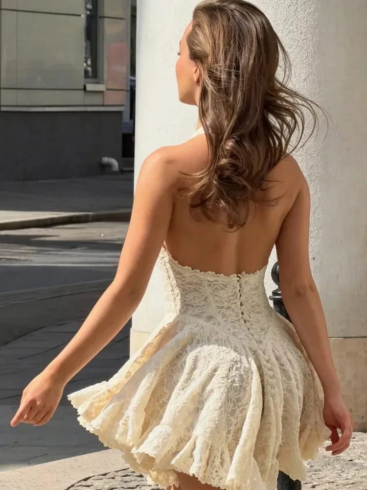 Ivory White Halter‑Neck Lace Mini Dress Women Deep V‑Neck Backless Fitted Waist Flared Hem Vestido Birthday Date Holiday Gown — image 3